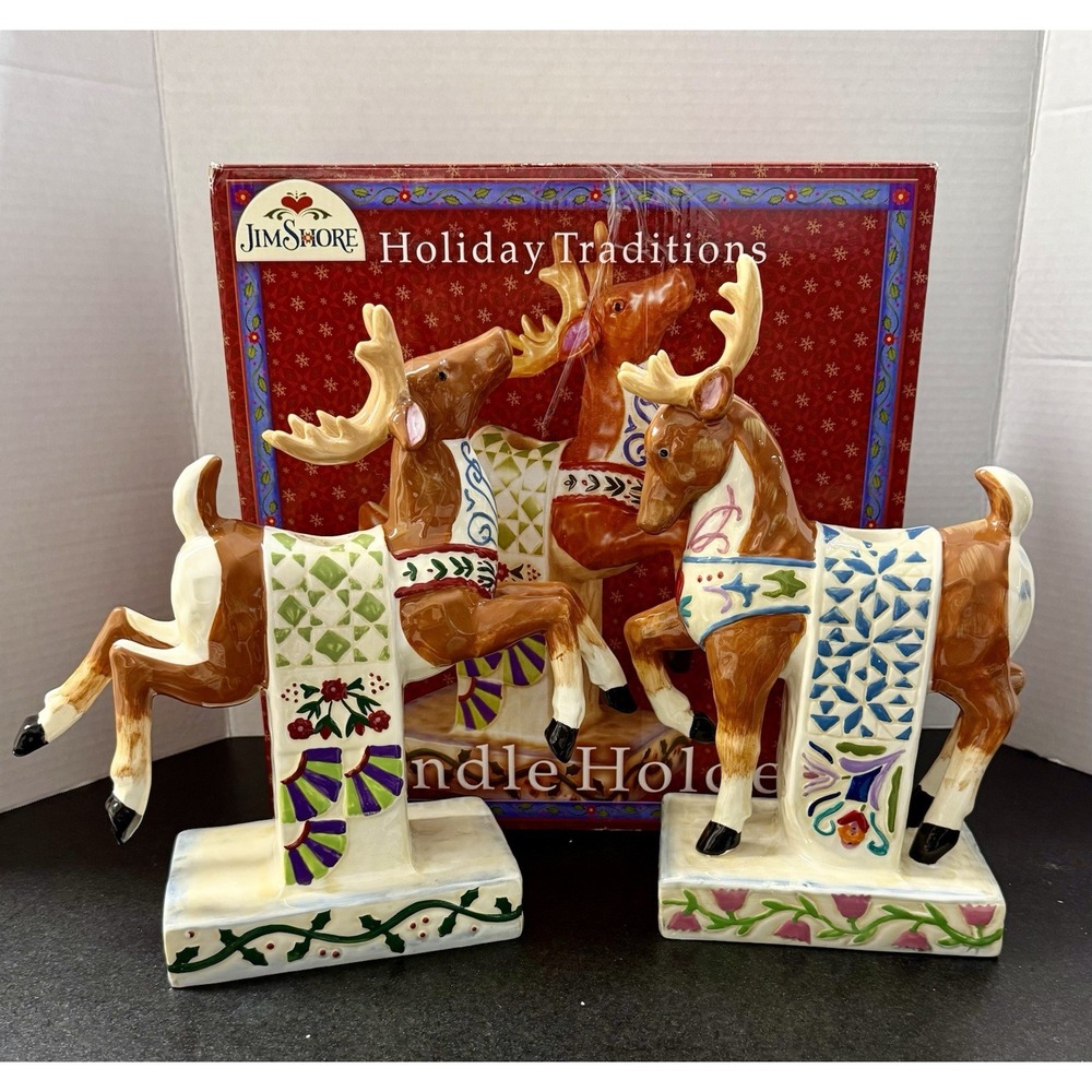 Jim Shore Holiday Traditions Reindeer Taper Candle Holders Set 2 Heartwood Creek